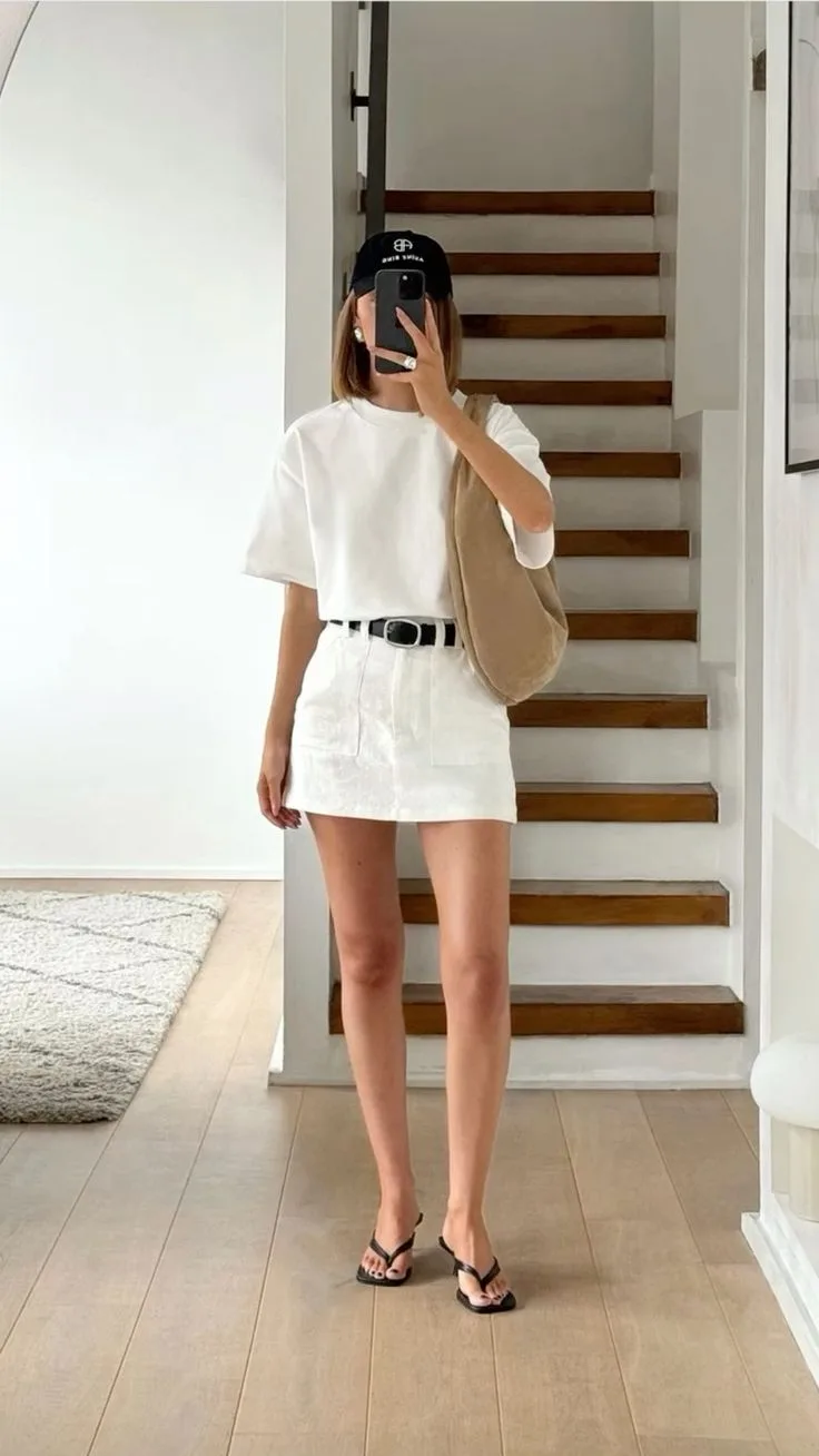 Mulher jovem e magra na frente do espelho. Ela está usando camiseta, saia, cinto e chinelo kitten heels
