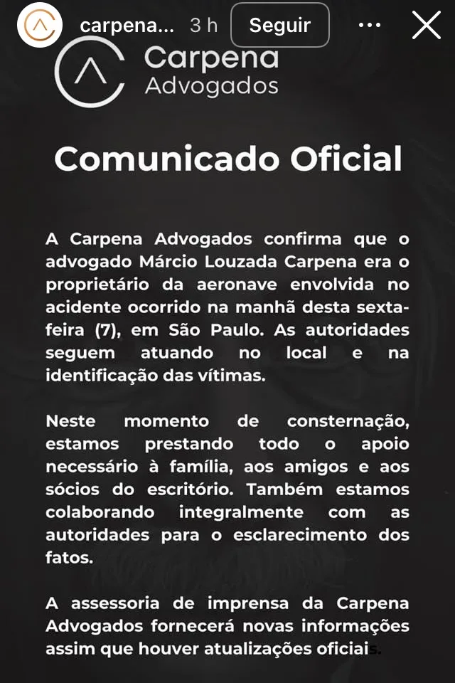 Nota oficial da Carpena Advogados Associados