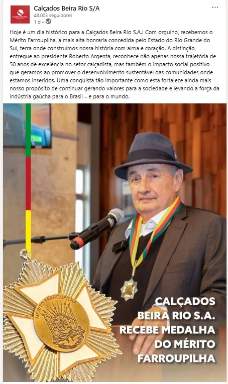 Cal&ccedil;ados Beira Rio publicou comunicado no LinkedIn sobre a conquista da Medalha do M&eacute;rito Farroupilha
