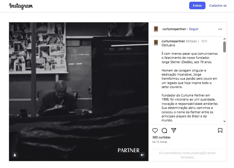Curtume Partner publicou homenagem à Steiner em sua página no Instagram