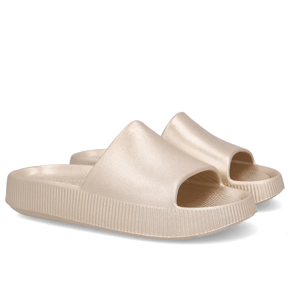Chinelo Slide Dourada Poofy Salto Plataforma Eva, Usaflex, R$ 149,99