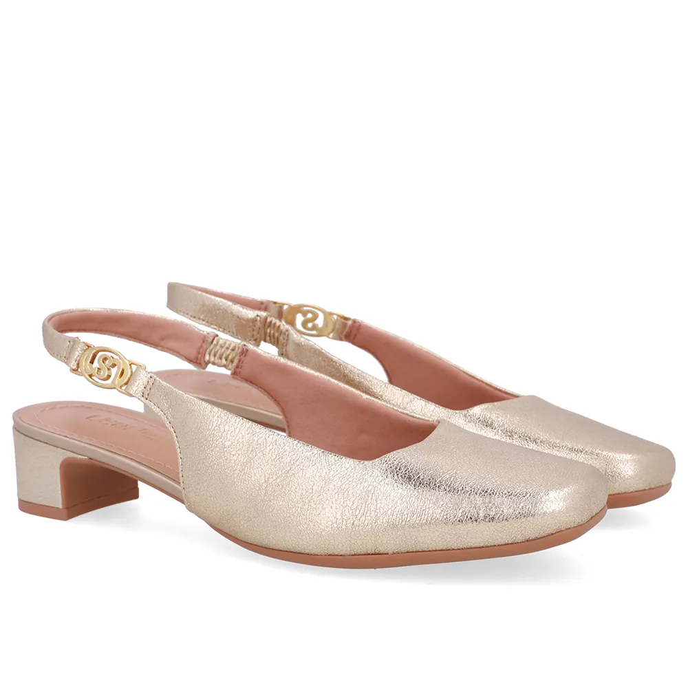 Slingback Dourado Salto Bloco Couro, Usaflex, R$ 369,99