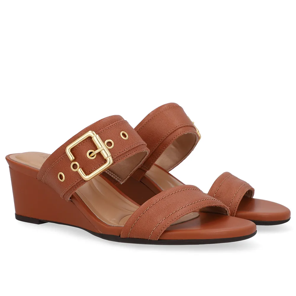 Tamanco Salto Anabela Couro Marrom Fivela, Usaflex, R$ 349,99