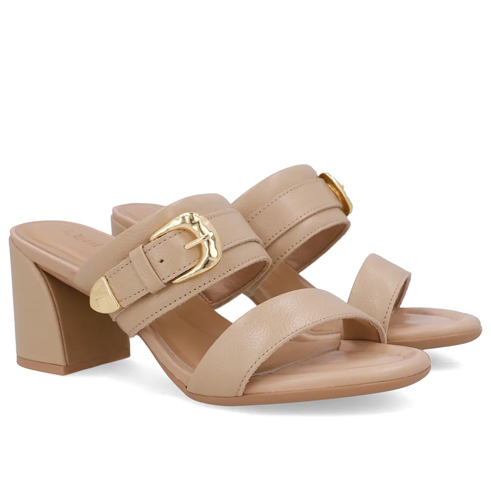 Tamanco Couro Bege Salto Bloco Fivela, Usaflex, R$ 379,99