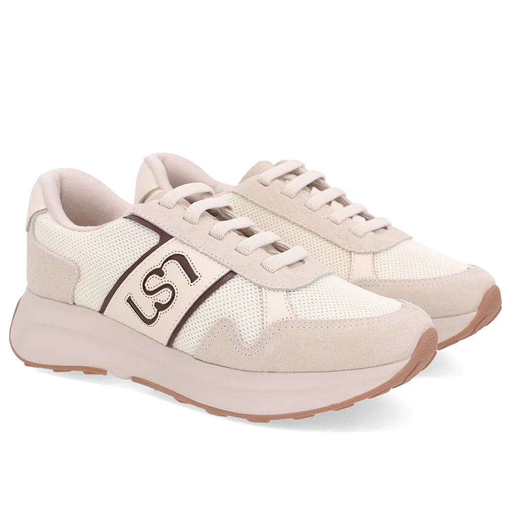 Tênis Couro Branco Marfim Lateral Tecido Monograma, Usaflex, R$ 479,99
