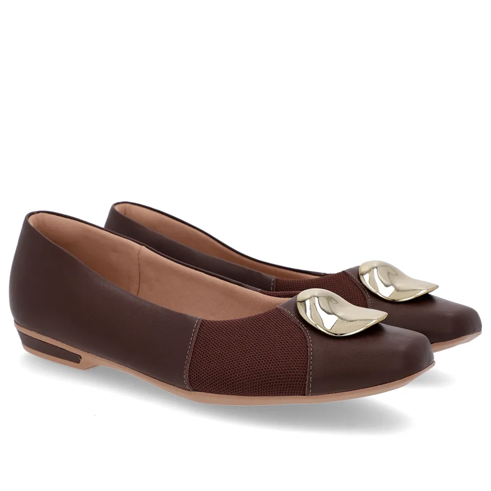 Sapatilha Marrom Couro Lateral Tecido, Usaflex, Usaflex, R$ 189,99