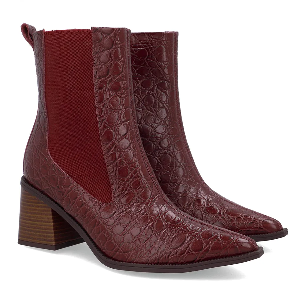 Bota Vermelha Couro Croco Bico Fino Elástico, Usaflex, R$ 599,99